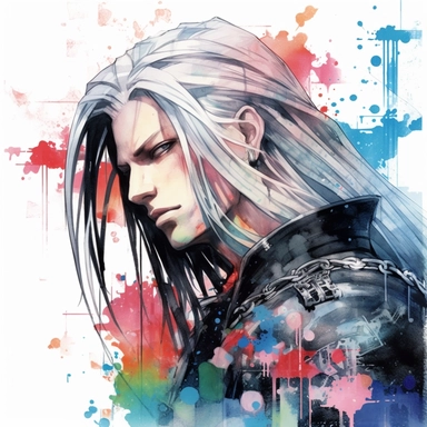 Final Fantasy VII Sephiroth with neck and face tattoos, close-up side profile, colorful graffiti background, clipart watercolor