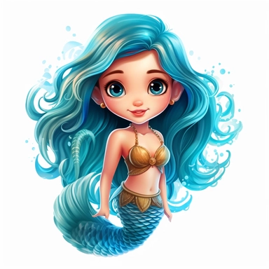 Cartoon cute mermaid You could describe her as having long, flowing hair that shimmers in the sunlight, with a tail that sparkles like diamonds and glistens in the water. have piercing beautiful blue eyes that seem to glow, and a voice that is as sweet as a song., on a white background in the style of magali villeneuve, on a white background, Clipart, pastel neon colors, whimsical, magical, children illustration, twinkling lights, beautiful, sparkly, girly, feminine, engaging, High definition, 2
