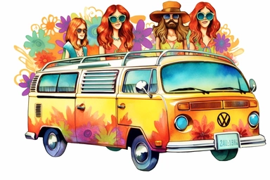 Colorful retro groovy 1970s clipart, watercolor
