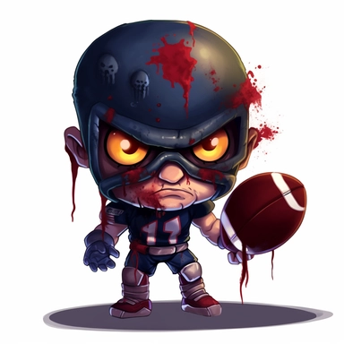 ClipArt of a chibi football player male with an evil smile Glowing red eyes, holding a grenade and a football, wearing a dark-blue ripped-up football, jersey, wearing a cracked football helmet, realism with a white background ar-- 2:3