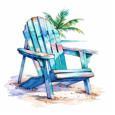 Cute Beautiful Beach Chair Tropical Watercolor Sublimation Clipart,Cartoon, hyper realistic, intricate detail, illustration style,high solution,on the white background
