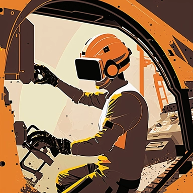 excavator cockpit, worker wearing vr headset, virtual reality hmd, poster, simplistic, abstract, vector, 2d illustration, clipart, few colors