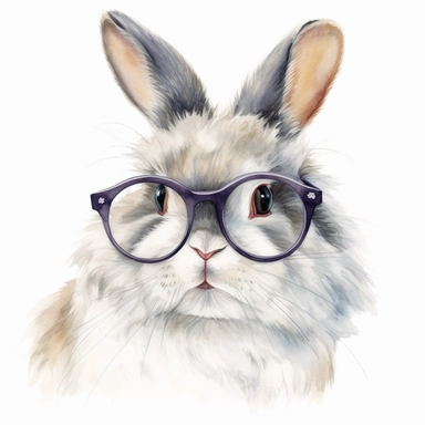 a watercolor painting of a fluffy rabbit wearing glasses, a detailed painting by Anne Said, shutterstock contest winner, furry art clipart, detailed painting, art, academic art, white background