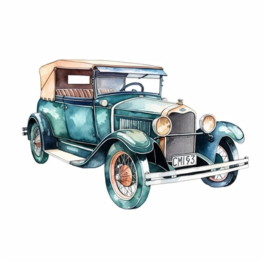 A clipart of a 1920s flapper-era automobile, painted in watercolor style, designed on a white background.