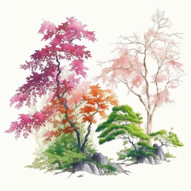 Watercolor, Japanese Maple Trees, long branches, spring grass, Clipart, springtime japanese trees, forest, tall grass, white background