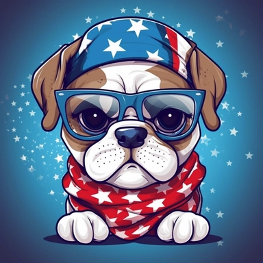Super cute, American flag with bulldog scarf and sunglasses Sublimation Clipart, Cartoon funny, Cute anime, Very detailed, firework blue background