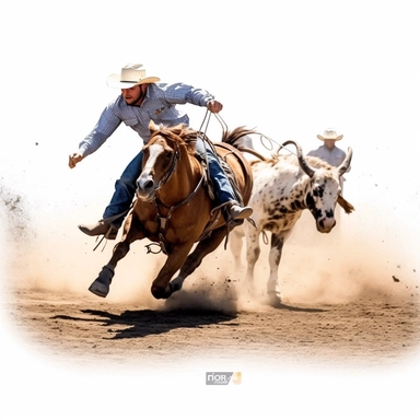 Steer wrestling, highly detailed, watercolor, clipart, illustration, white background, digital painting, paper crafting, no signature, no text