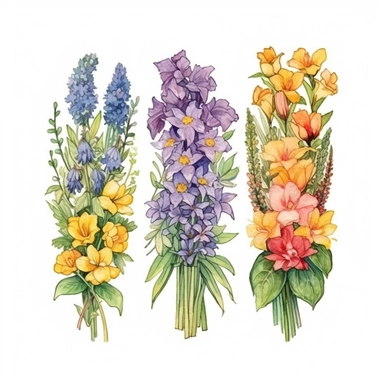 Craft an exquisite hand-drawn watercolor clip art image of a family gift niche adorned with birth flowers. Customize the image for a family of five: a March baby (Daffodil), a May baby (Lily of the Valley), a July baby (Larkspur), an October baby (Marigold), and a December baby (Poinsettia). Use soft pastel colors for the background, creating a gentle and serene atmosphere that complements the vibrant birth flowers. Pay attention to the fine details of each flower, capturing their unique charact
