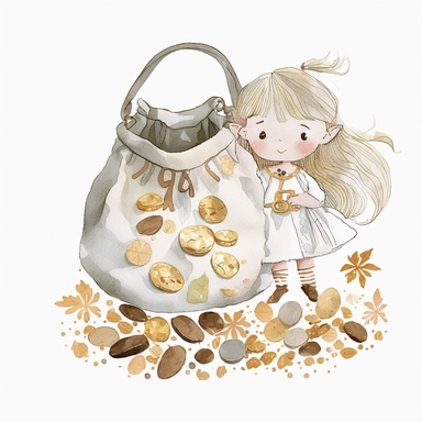 White tiny fairy’s bag full of gold coins cute bag in kids style, watercolor, clip art, white background,