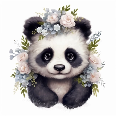 cute fluffy baby panda with some minimalist flowers on its head, disney style, clipart on white background