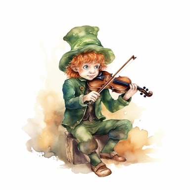 watercolor, young leprechan playing fiddle, clipart