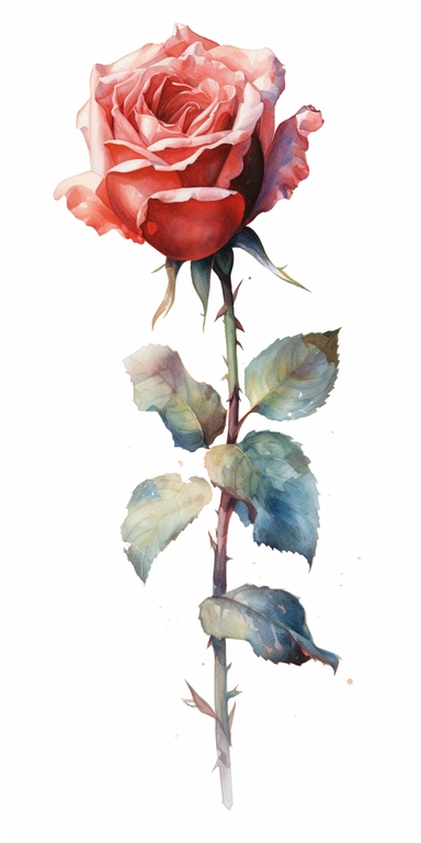 Watercolor Painting of SINGLE STEAM RED ROSE FLOWER on white background beautiful multi - headed pale, Flora Design Patterns, Flemish Baroque by Rachel Ruysch, Behance, Rococo, Intricate Detailed, Soft Light Effect, Oil Paint Strokes, Light Academia Aesthetic Flowers, Lighting cinematic, all shown shimmering stamens, tyndall light, light effect, texture, colorful, 8k, fantasy, ray tracing, depth of field, vivid, spectacular lighting, octane rendering, highly detailed, ultra - realistic, white ba