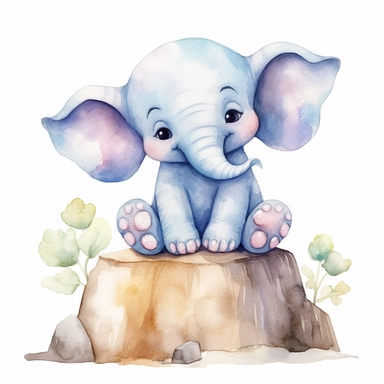 A captivating watercolor clipart image with a white background and white margins, featuring a cute sweet kawaii extremely happy smiling full body baby Elephant sitting on a rock. The ultra - detailed, hand - drawn elements capture the details. Use vibrant shades of various colors to create a visually appealing image