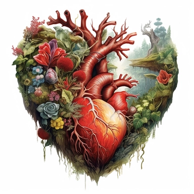 painting of a real heart with a forest inside of it, in the style of enchanting realms, nature-inspired installations, bloom core, colorful flowers ,realistic human heart ,mesmerizing colorscapes, skillful, fluid and organic, clipart, white background