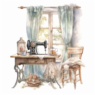 victorian style old fashioned sewing corner with watercolor effect,suitable for digital clipart,white background,sewing machine,sewing tools,vintage style arched window,vintage scene,vintage home style,soft colored