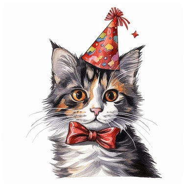 cat with birthday hat full body hand drawn in full colour big bow on neck clip art realistic sketch
