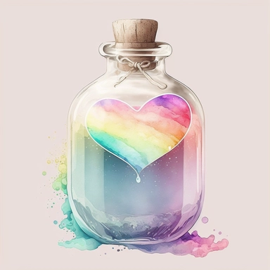 rainbow dream illusion pastel color water white background clear old rustic Heart Bottle classic potion Valentine's Day Clipart vintage watercolorrgb