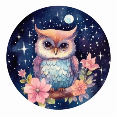Clipart with white background: Capture the magic of nighttime by painting a floral fantasy owl under a starry sky with blooming night-blooming flowers, watercolor