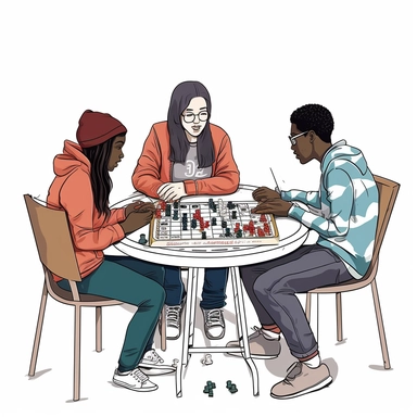 illustration drawing style of four happy teenagers playing a board game at a party. They are seated around a table. There are snacks and drinks as well as the board game on the table. the setting is realistic. The style is simplistic and used for clipart and thumbnail. Plain white background.