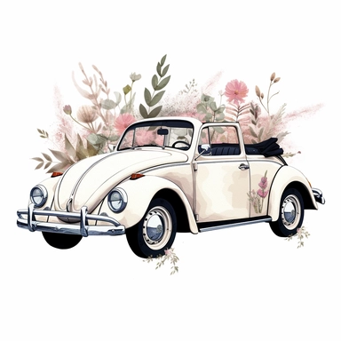 clipart, vintage Volkswagen bug convertible in white with a black convertible top, convertible top down, surrounded by muted pink florals , clean white background