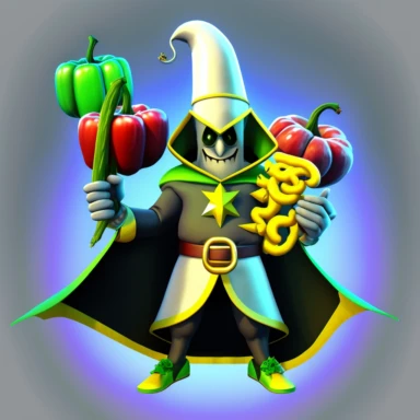 3D magical sorcerer with food and with 5 magical shiny rings in one hand and the other haver a magical banana wand with Green shiny Cartoon clipart mascot , 128K super mega pixel, insane detail, hyper-detailed, with huge details, UHD, 8K, transperent background