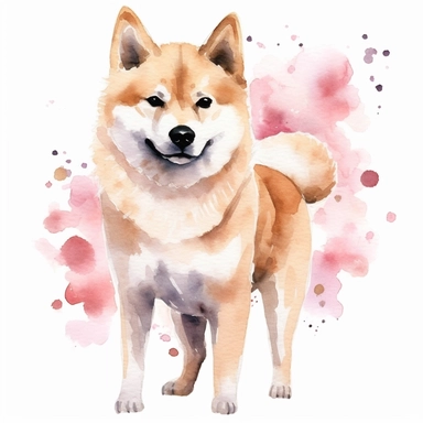 watercolor dog shiba clipart , hight detail, cute, kawii , fresh Sakura, cheerful, standing, postcard