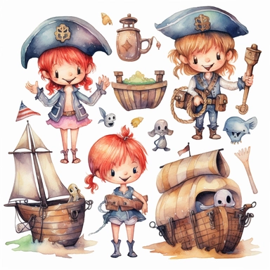 Watercolor pirates cute illustrations clipart set, simple, soft colors, cartoon elements, different variants, cute little pirate boy and girl pirate ship, pirate treasure chest, daggers, swords, pirate glag, skulls, billybones,, wooden elements, loot,, separate elements with a margin