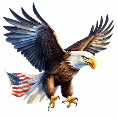 flying bald eagle with american flag in his talons, clip art, white background