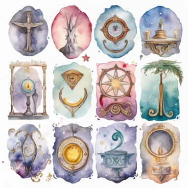 highly detailed watercolor tarot card clipart with magical symbols