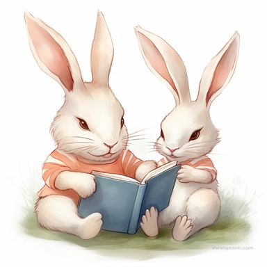 Cute rabbit wear pink shirt read children book to shirtless white cute bunny clipart,smile expression, they sit side by side pose, left side view, in the style of watercolor cartoon clipart, beatrix potter style,pixar style, high resolution, composition free space, pastel color scheme, soft and tender, watercolour clipart, watercolor illlustration for kids and children,isolated white background, clipart most popular on etsy, book illustration, featured on dribble,print on demand image, PNG tranp