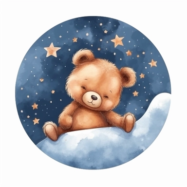 Cute teddy bear illustration, realistic adorable teddy bear sleeping on a soft moon surrounded by stars, sleepy happy clipart, nursery style clipart, Nursery Animals Art, Kids Wall Art, Kids Room Decor, Baby Room Decor, isolated on white, ultra - detailed, high quality, ghibli style, award winning