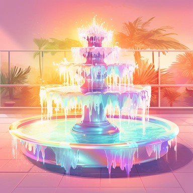 holographic fountain at a party. The watercolor clipart style adds to the whimsical and festive atmosphere of the occasion. The lighting is set for a nice day, with the sun's rays casting a warm glow on the fountain's holographic display. The colors used are vibrant and enthusiastic, with the holographic effect enhancing the visual appeal of the fountain. The composition of the scene is set to capture the best view of the fountain, with attention paid to its placement in the party space for maxi