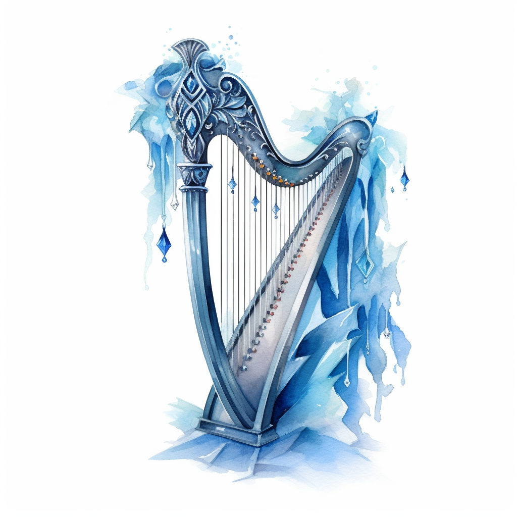 frozen harp, icy ornaments, Clipart Watercolor, fantasy style, White ...