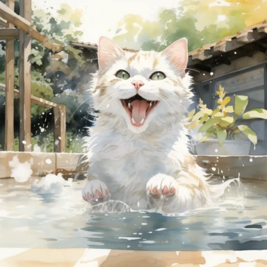 Domestic Shorthair cat happily soaking in the famous open-air hot spring in Niigata, Japan, Clipart Watercolor By Yuzo Komori. clean line, white background, spaced out
