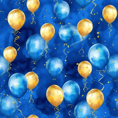 watercolor style birthday balloons bright colors blue royal blue gold high detail deep blue background clipart seamless tile