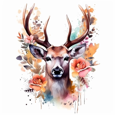 Cute Beautiful Deer Buck Floral Watercolor Sublimation Clipart, Cartoon,hyper realistic, intricate detail, illustration style,high solution,on the white background
