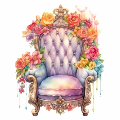 Make a clipart of a beautiful princess's throne, give it lots of jewels and roses for accents, use bright pastel rainbow colors, watercolor style, white background