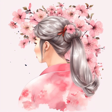 watercolor A woman's face, full body, back view Cherry blossoms: These delicate pink flowers are a favorite among many people and are often associated with the arrival of spring. They are commonly used in Japanese art and culture. with flowers and leaves adorning her hair. hair up with flowers vividly bold designs png Full body realistic cartoon in 32K UHD cute. 15 cm thick outline. Black color. There was no shadow on the ground. 8k with realistic watercolors. and detailed illustrations. PNG cli