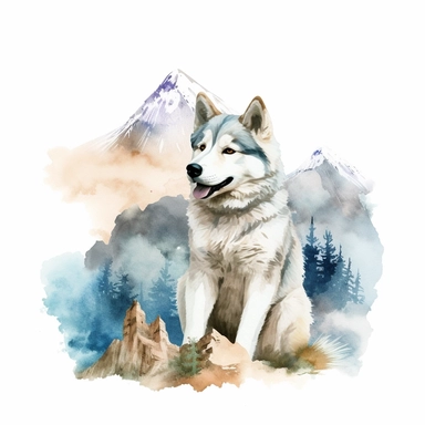 Clipart, watercolor, white background: A cute husky sitting beside a mountain landscape, showcasing its connection with nature and its adventurous spirit.