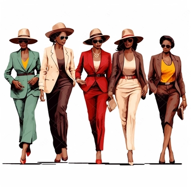 African american women wearing different color suits and fedora hat Boss lady clipart modern fashion style anatomically correct realistic isolated white background