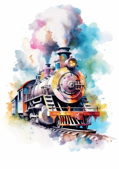 Pastel train, big beautiful locomotive, bursting with steam, Steampunk Clipart, Printable Watercolor, Retro Futuristic, Victorian Era Art Print, colorful, details, high quality 8K, white background