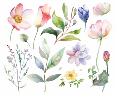 watercolor flower clip art for april, in the style of dreamlike composition, white background, ethereal foliage, show only one foliage, luxurious fabrics, pictorial dreams, use of bright colors, poetic pastoral scenes