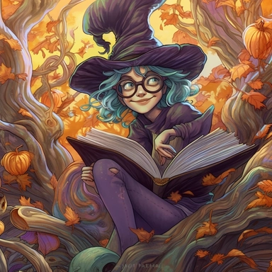 COMIC/CARTOON fantasy magical wacky witch reading books in a huge tree,large eyeglasses, hats, muted colors, swirls, twists, twirls, metallic, glitter, stylized, funny, centered, airbrushed, digital oil, detailed illustration, clip art, cartoon, 8k, ar 9:8