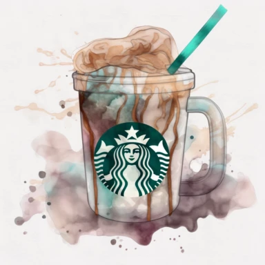 watercolor clipart starbucks coffee drink with the brownie ever, in the style of striated resin veins, dark beige and dark aquamarine, romanticized nature, contest winner, layered fibers, dynamic chaos, sōsaku hanga