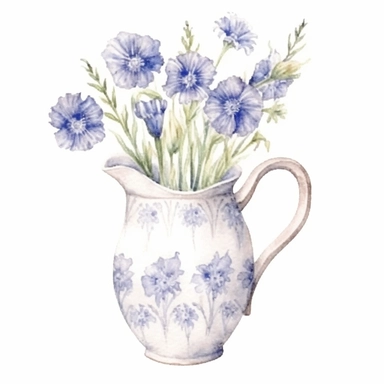 Design a dreamy watercolor clipart of frenchfarmhouse-inspired Cornflowers, daisies, and lisianthus arranged in a vintage ceramic pitcher composition, hand-painted with soft and graceful brushstrokes. Draw inspiration from the artistic finesse of Ethereal Petals Watercolors for a refined and ethereal depiction. isolated on a white background, hand-drawn illustration, hand-painted watercolor texture, 16k UHD resolution, intricately detailed, sharp focal points, designed by Ana Victoria Calderon a