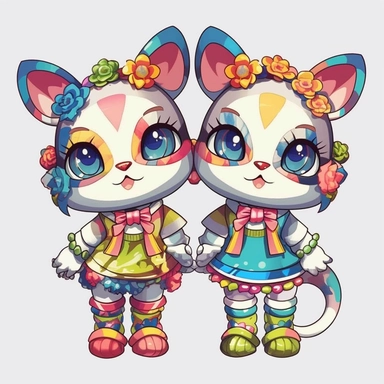 two Takashi Murakami style cats holding hands wearing cute dresses with big cartoon shoes, with bows in the hair , clip art, Japanese