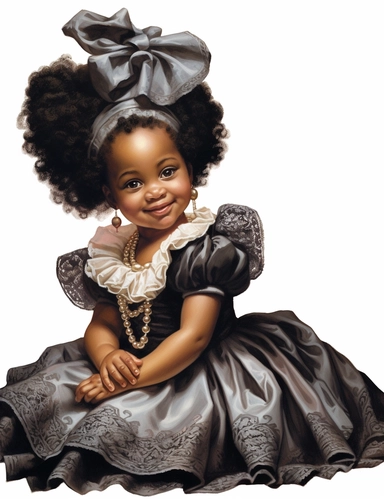 gorgeous african american baby girl in victorian dress, clipart, Composition: Relaxed position with intricate high hairstyle, smiling, Style: gothic, white background, hyperrealism, 32k