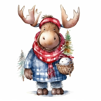 Watercolor, cute Christmas moose, with a red hat, coat and sack of gifts, PNG, winter, nursery, cartoon, highly detailed, watercolor, very high details, white background, clipart style