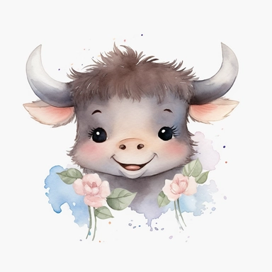 watercolour Happy Baby Buffalo Cartoon Clipart, Cute, no text