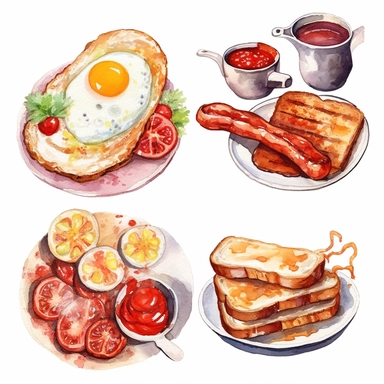 Watercolor style, english breakfast, toast, bacon, beans, sausages, mushrooms, tomatos and eggs variations, hyper realistic detailed clipart, 4 on a page, on a white background